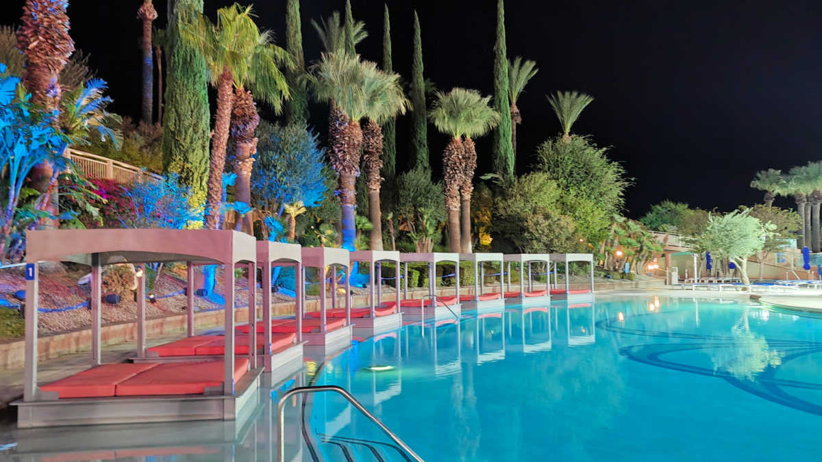 oasis pool at morongo at night